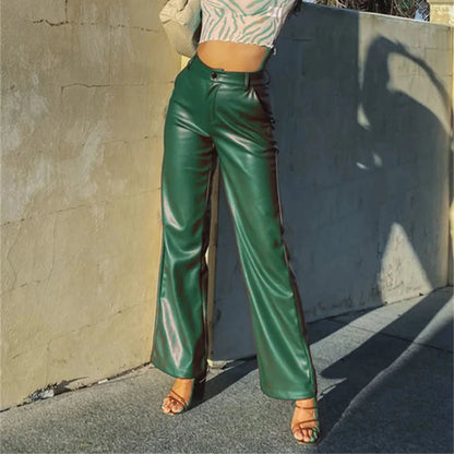 High Waist Wide Leg Straight Tube Autumn Winter Elastic Pu Leather Pants