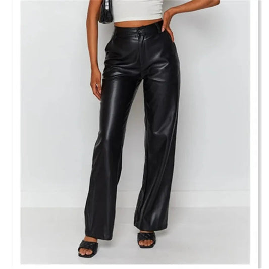 High Waist Wide Leg Straight Tube Autumn Winter Elastic Pu Leather Pants