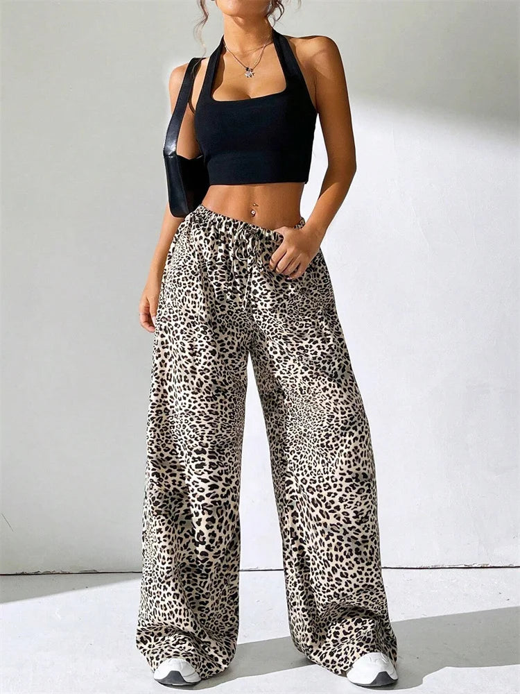 Striped Side Split Tie-up Wide-leg Sweatpant