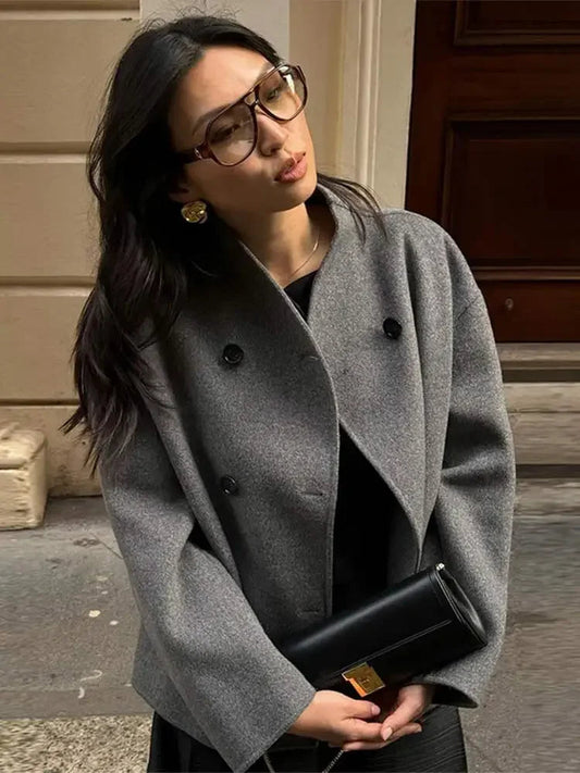 Loose Woolen Retro Double Stand Short Autumn Winter Coat
