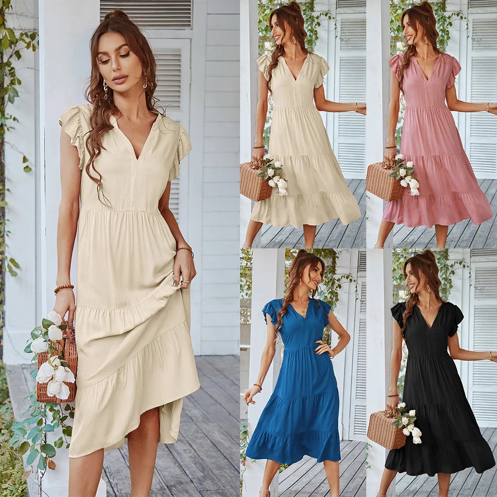 Loose V-neck Flying Leisure A-line Long Midi Dresses