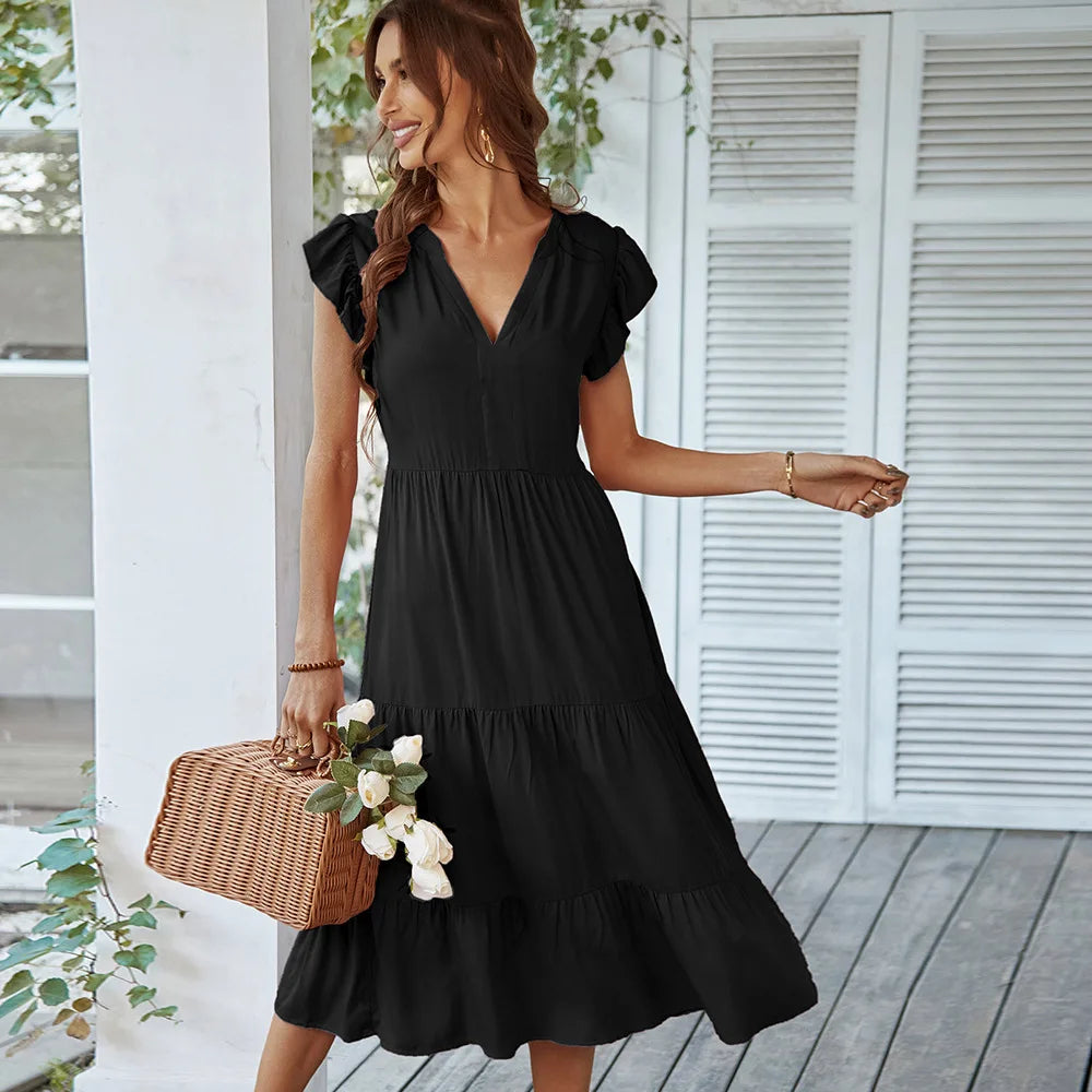 Loose V-neck Flying Leisure A-line Long Midi Dresses