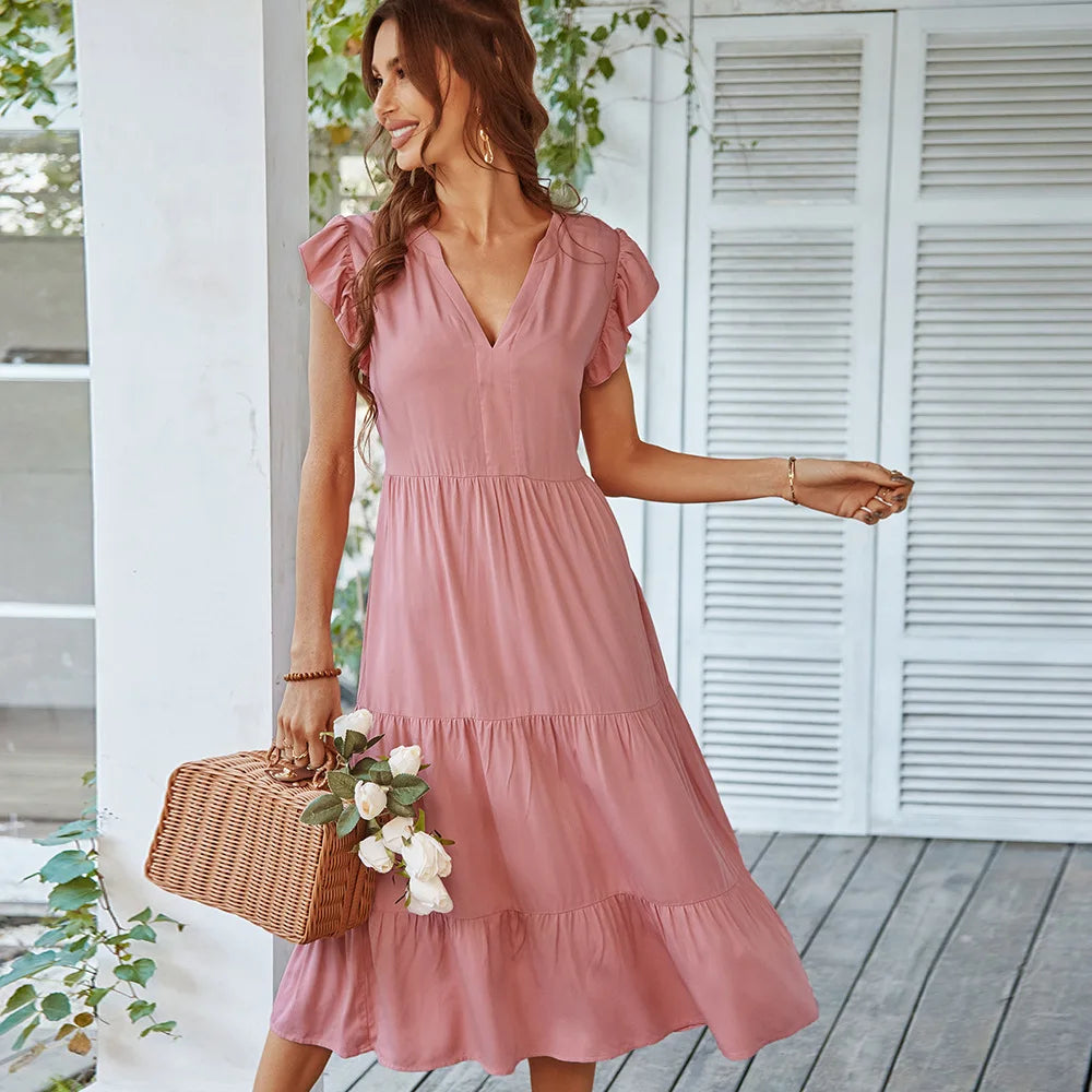Loose V-neck Flying Leisure A-line Long Midi Dresses