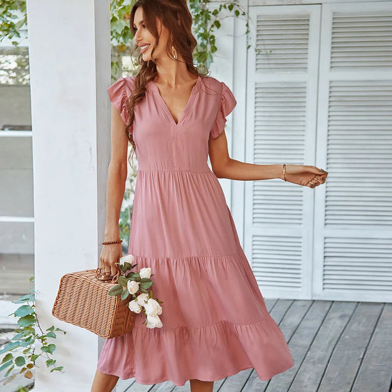 Loose V-neck Flying Leisure A-line Long Midi Dresses