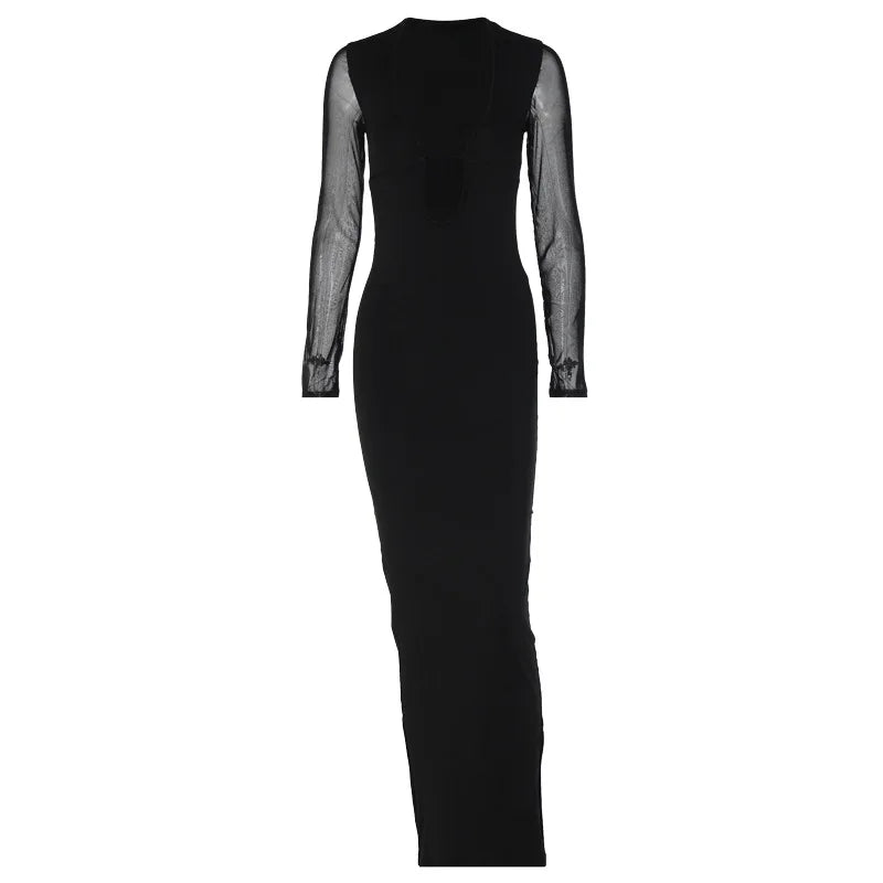 Black Hollow Mesh Deep Lace-up Y2k Midi Dresses