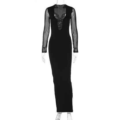 Black Hollow Mesh Deep Lace-up Y2k Midi Dresses