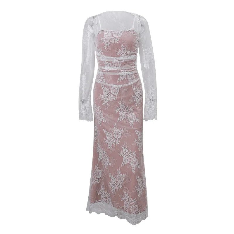 Maxi Autumn Temperament Sleeve Hook Flower Y2k Midi Dresses