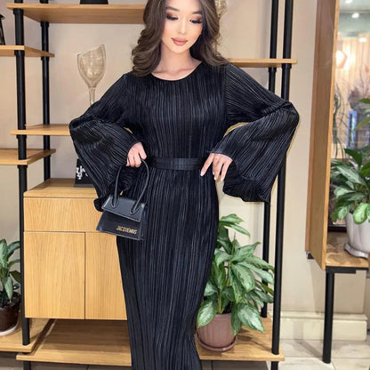 Maxi Autumn New Crew-neck Lace-up Pleated Midi Dresses