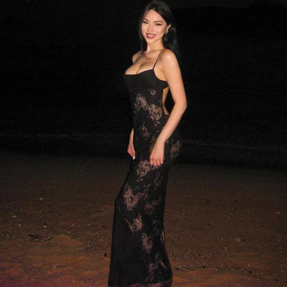 Autumn/winter Mesh Line Sleeveless Halter Vestido Midi Dresses