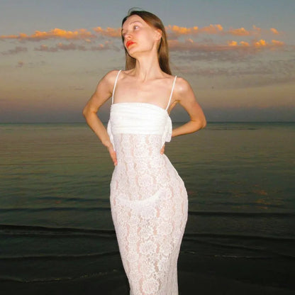 Maxi White Spring Summer Suspenders Low-cut Slim-fit Buttock Vestidos Midi Dresses