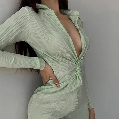 Pleated Splicing Low Cut Midi Dresses