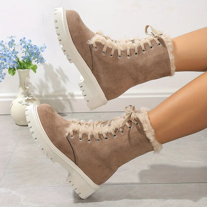 Plush Lined Thermal Lace Up Mid-calf Chunky Outdoor Snow Boot