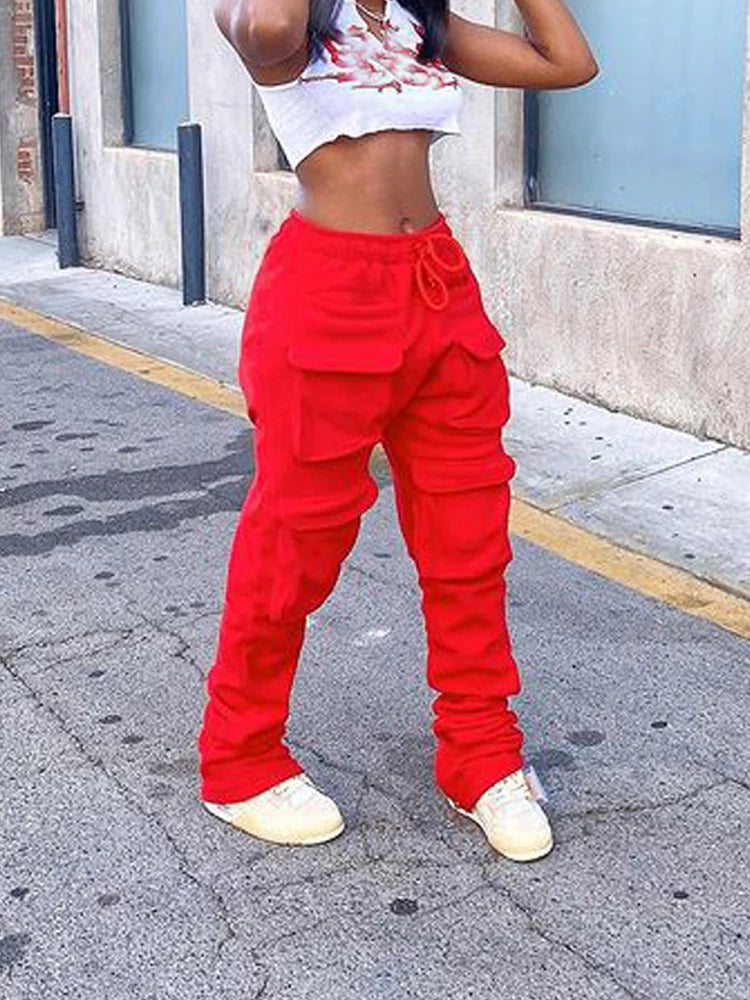 Red Stacked High Waist Tracksuits Joggers Sweatpants