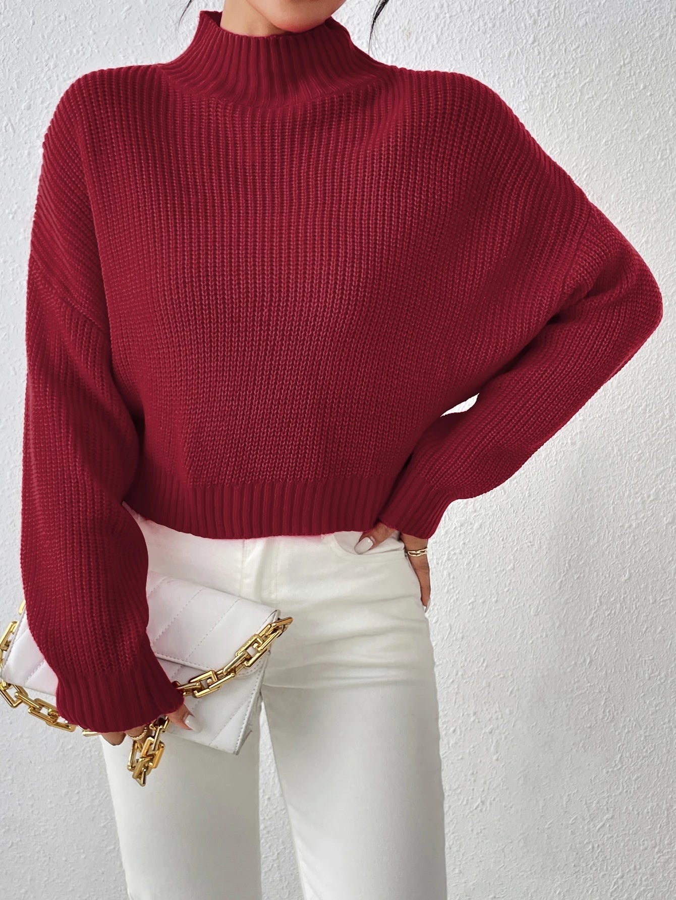 Ribbed Knitted Mock Long High Drop Shoulder Sweater