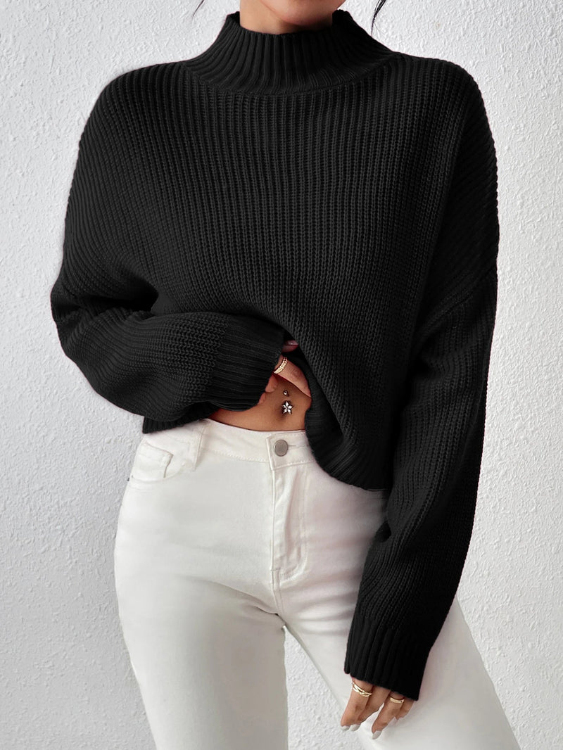 Ribbed Knitted Mock Long High Drop Shoulder Sweater