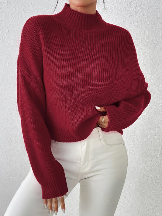 Ribbed Knitted Mock Long High Drop Shoulder Sweater