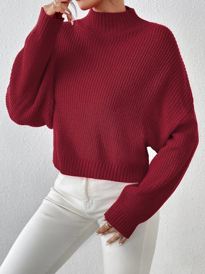 Ribbed Knitted Mock Long High Drop Shoulder Sweater