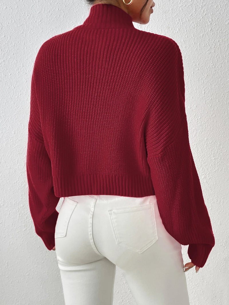 Ribbed Knitted Mock Long High Drop Shoulder Sweater
