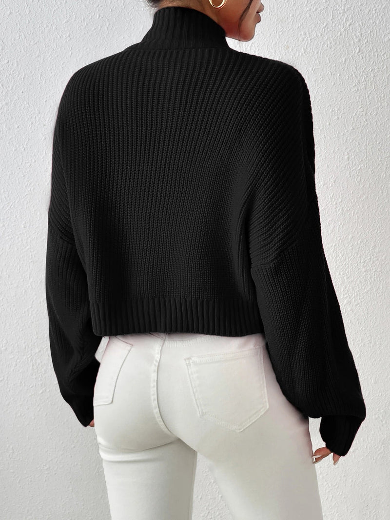 Ribbed Knitted Mock Long High Drop Shoulder Sweater