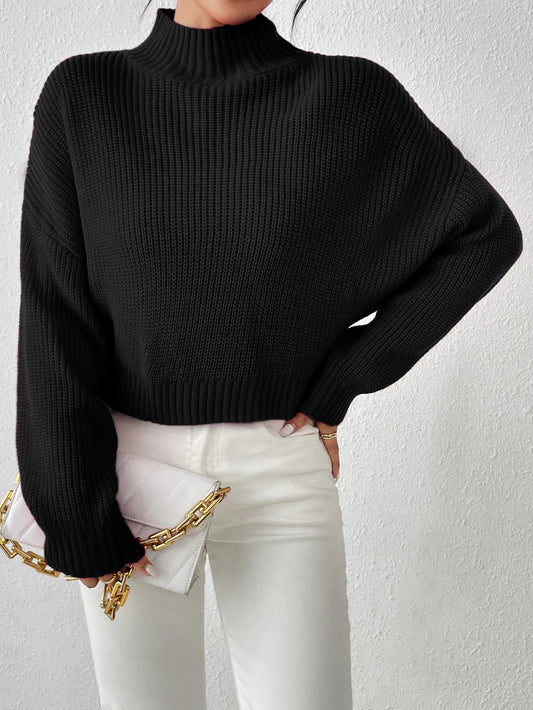 Ribbed Knitted Mock Long High Drop Shoulder Sweater