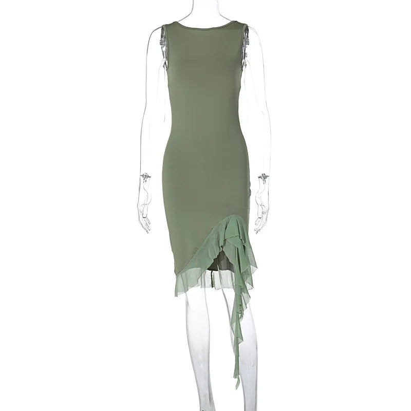 Ruffled Summer Autumn New Pure Sleeveless Waist Backless Trending Midi Dresses