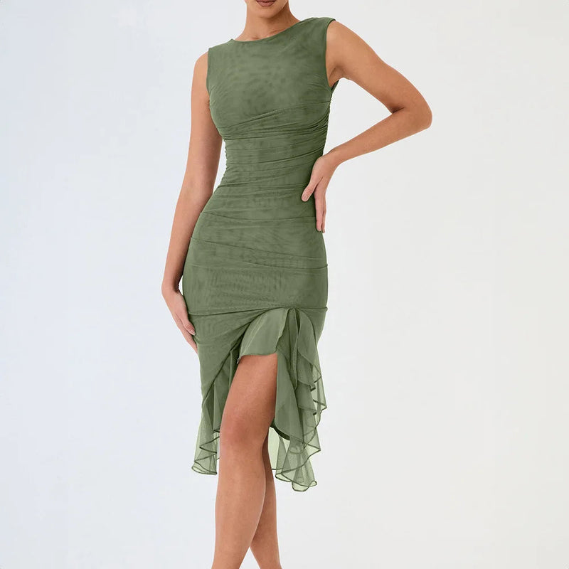 Ruffled Summer Autumn New Pure Sleeveless Waist Backless Trending Midi Dresses
