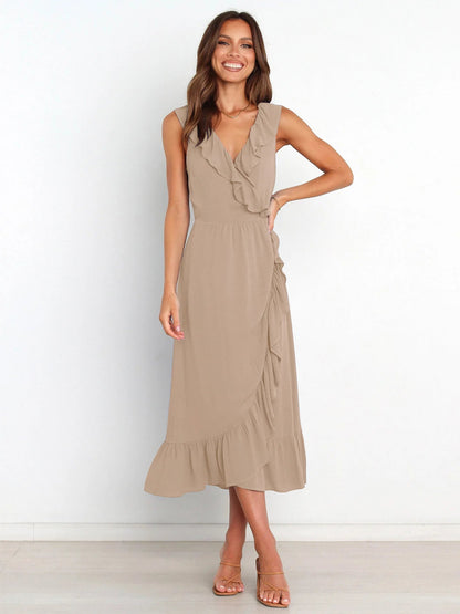 Ruffled Sleeveless V-neck Ruffled High-grade Traf Midi Dresses