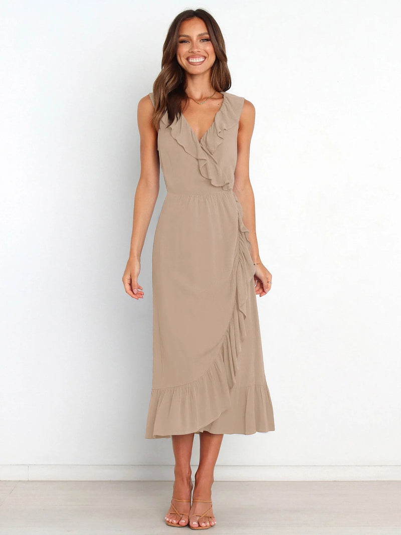 Ruffled Sleeveless V-neck Ruffled High-grade Traf Midi Dresses