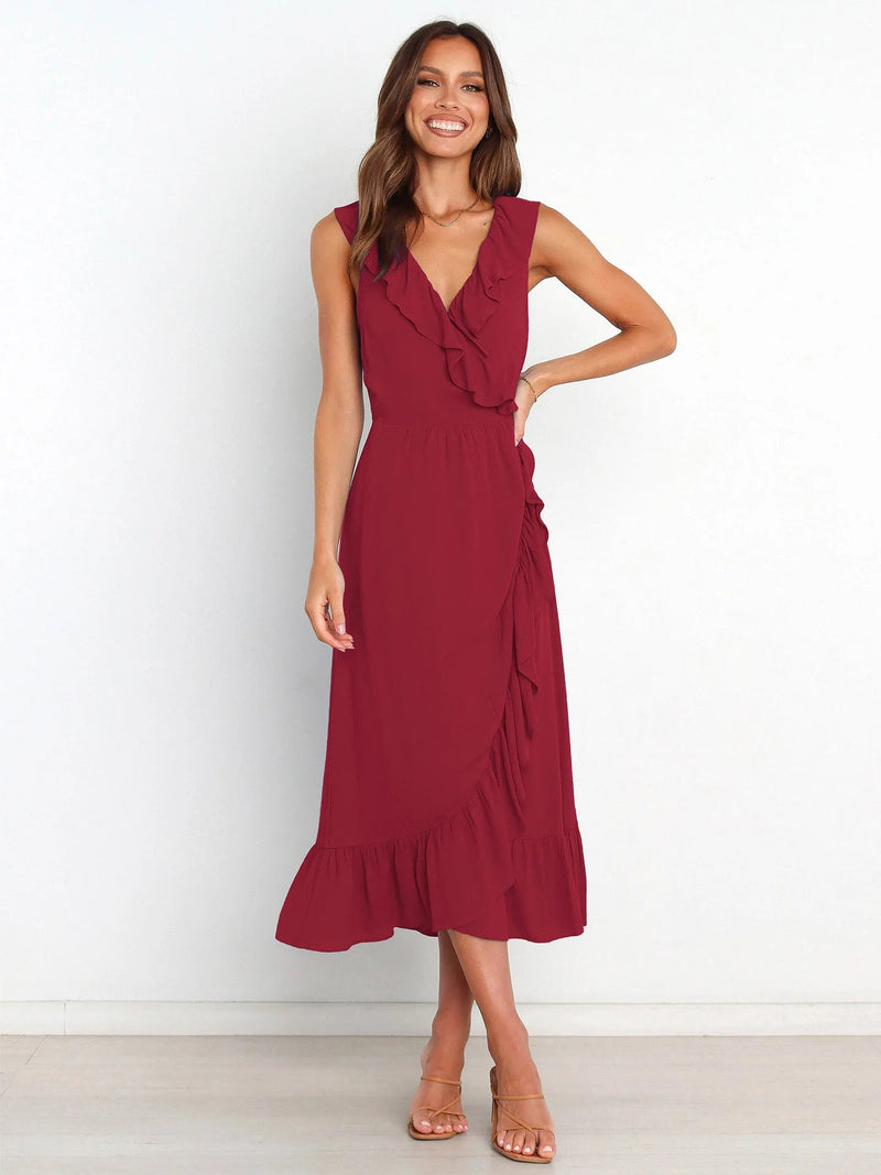 Ruffled Sleeveless V-neck Ruffled High-grade Traf Midi Dresses