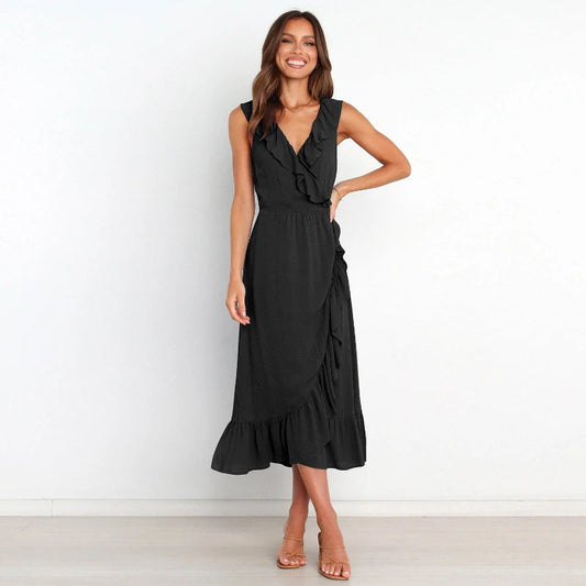 Ruffled Sleeveless V-neck Ruffled High-grade Traf Midi Dresses