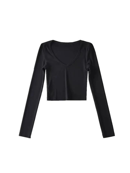 ’s Crop Tops Spring and Autumn Long-sleeved V-neck Cropped Top Bottoming Shirt T-shirt Tops