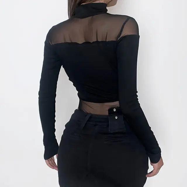 ’s Hollow Bodysuit Long Sleeved Mesh Tops Half High Collar Jumpsuit Bottoming Clothes Y2k Club Bodysuits