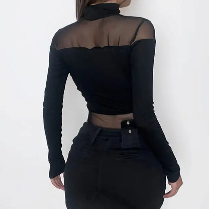 ’s Hollow Bodysuit Long Sleeved Mesh Tops Half High Collar Jumpsuit Bottoming Clothes Y2k Club Bodysuits