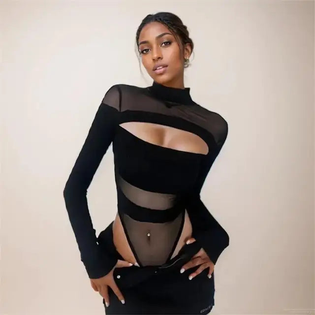’s Hollow Bodysuit Long Sleeved Mesh Tops Half High Collar Jumpsuit Bottoming Clothes Y2k Club Bodysuits