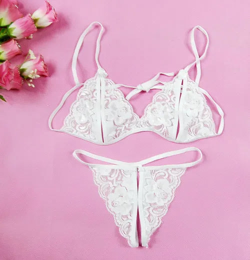 ’s Lingerie Hot Erotic Lingerie Transparent Open File Milk Lace Underwear Bra + T Pants Exotic Apparel