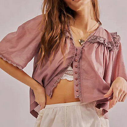 Low Cut Chiffon Ruffle Lace Trim Blouse