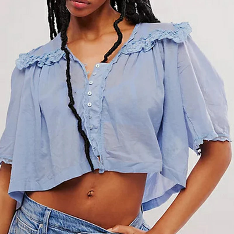 Low Cut Chiffon Ruffle Lace Trim Blouse