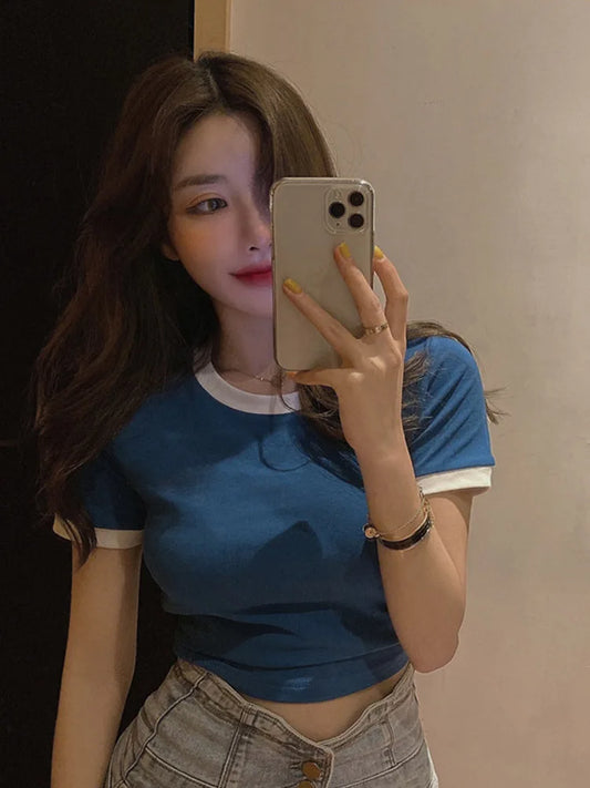 ’s Short Sleeve Crop Top O-neck T-shirt Henley Shirts Short Sleeve Blouse Color Ribbed Blouse