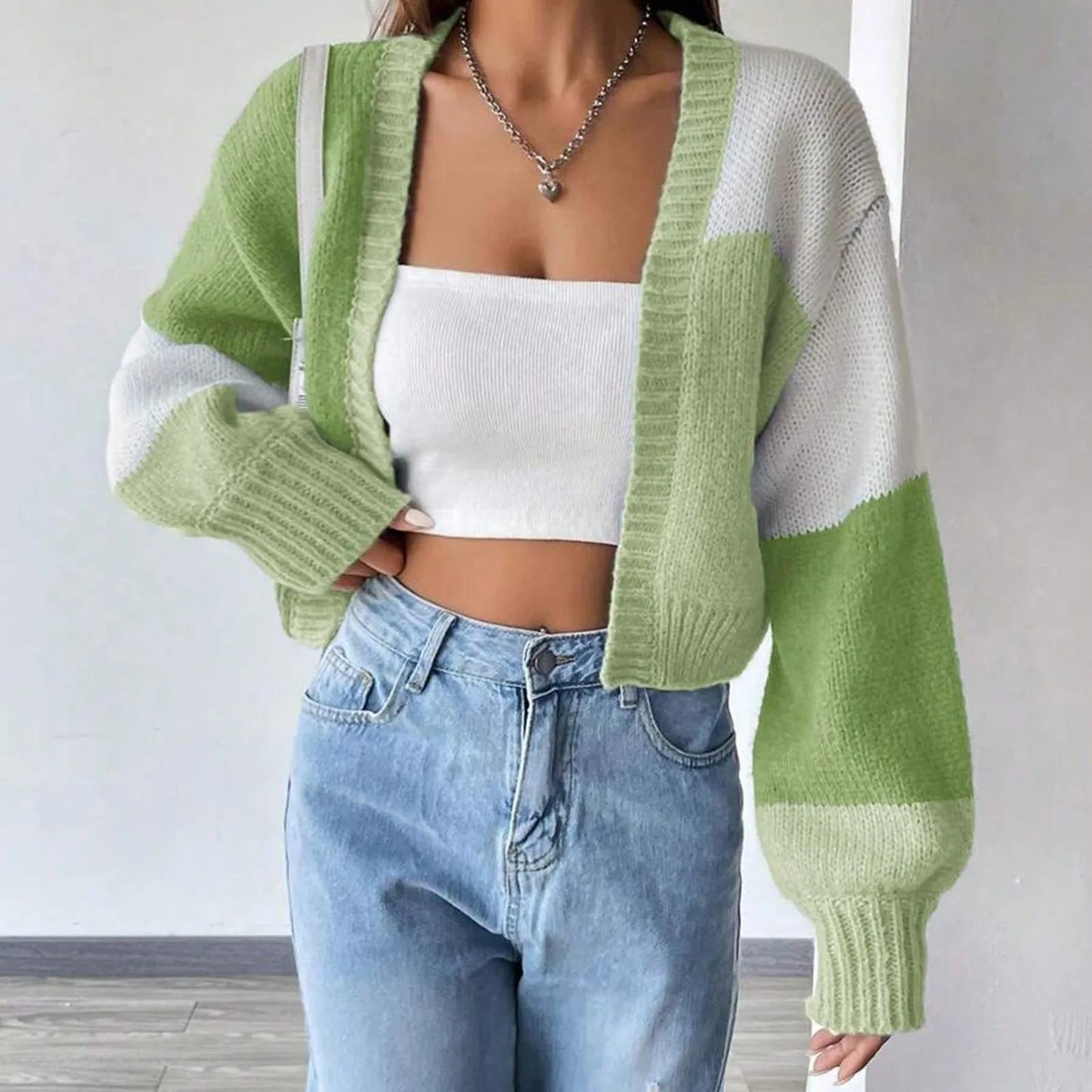 Short Open Color Block Checkered Crochet Cardigan Sweater