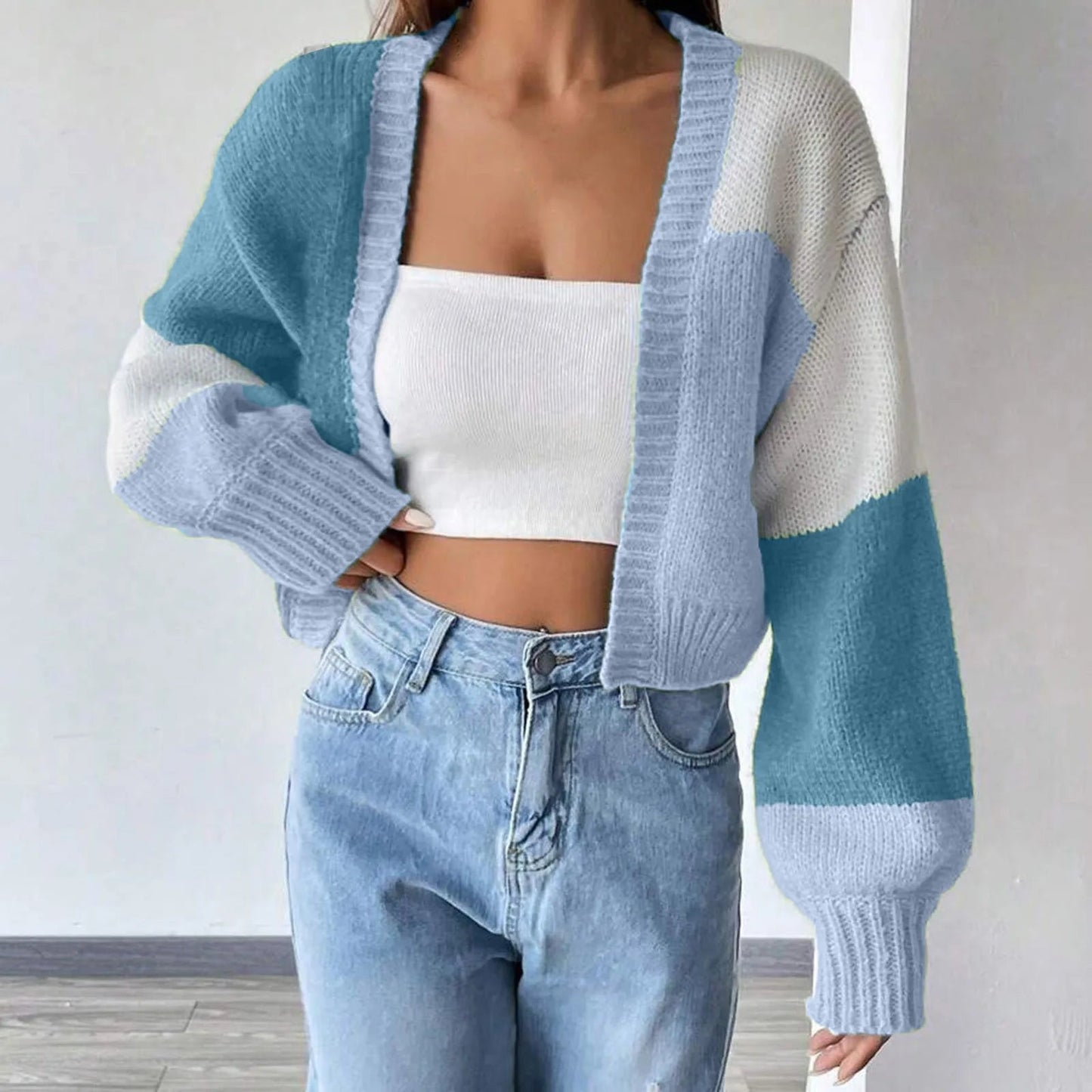 Short Open Color Block Checkered Crochet Cardigan Sweater