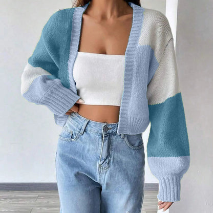 Short Open Color Block Checkered Crochet Cardigan Sweater