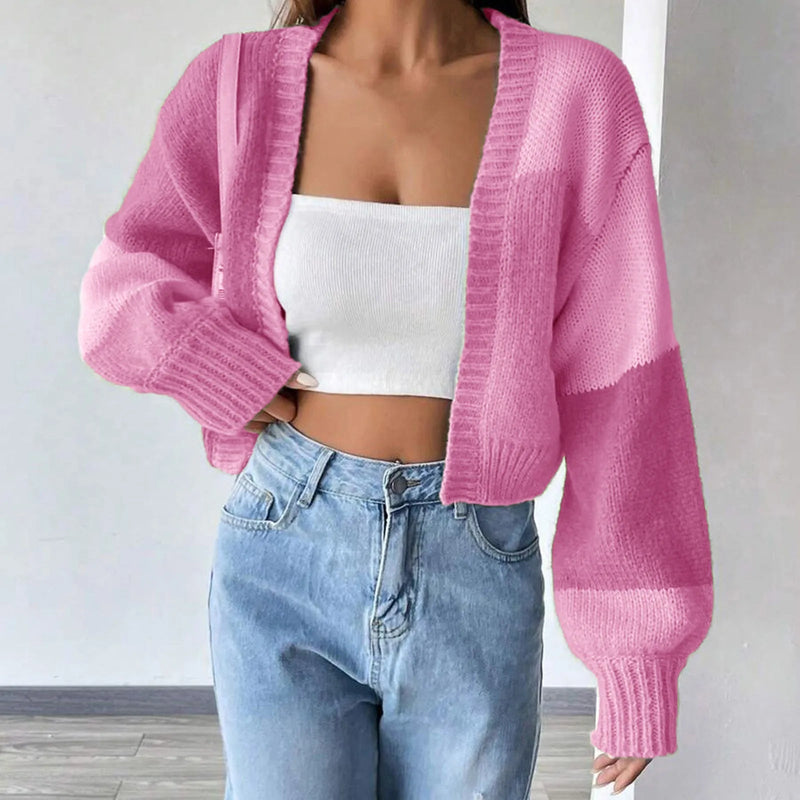 Short Open Color Block Checkered Crochet Cardigan Sweater