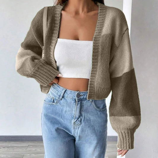 Short Open Color Block Checkered Crochet Cardigan Sweater