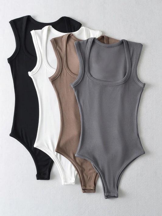 ’s Slim Square Collar Sleeveless Bodysuit Shoulder Vest Jumpsuit Backless Pullover Top