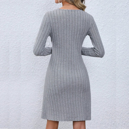 V-neck Buttoned Waist Long Sleeve Color Midi Dress