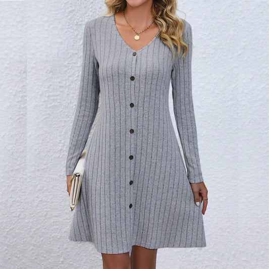 V-neck Buttoned Waist Long Sleeve Color Midi Dress