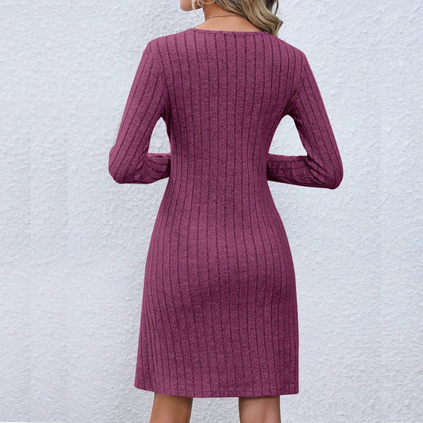 V-neck Buttoned Waist Long Sleeve Color Midi Dress
