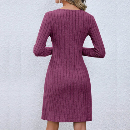V-neck Buttoned Waist Long Sleeve Color Midi Dress