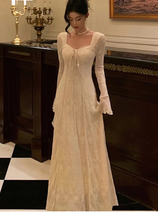 ’s Midi Dress Flare Sleeves Square Collar A-line Lace Up Autumn Spring French Prom Robe Vestidos New