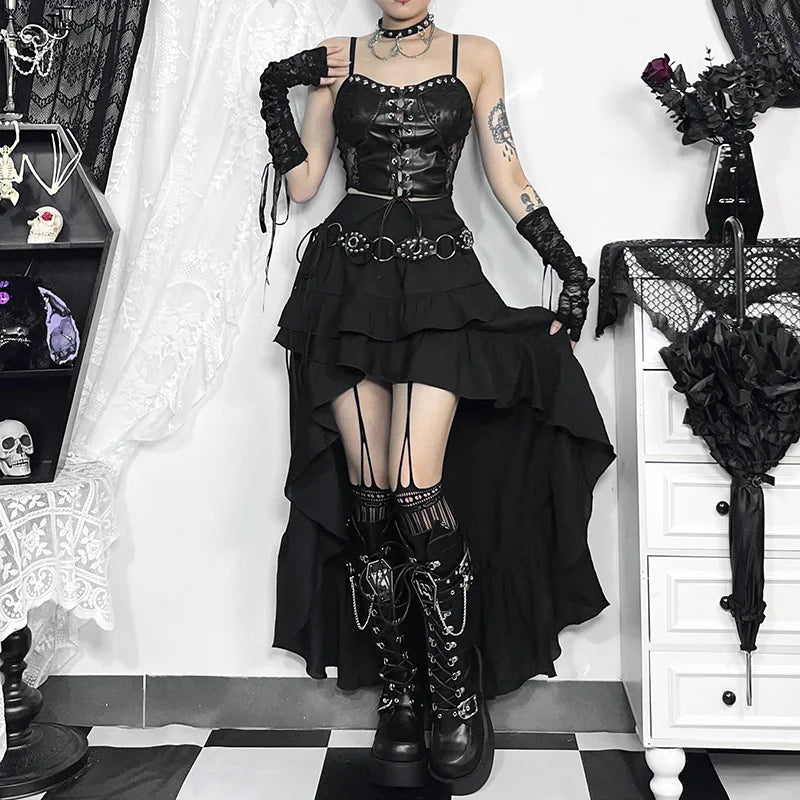 Steamretro Gothic Pleated Asymmetric Hi-low Lace Party Irregular Victorian High-low Skirt